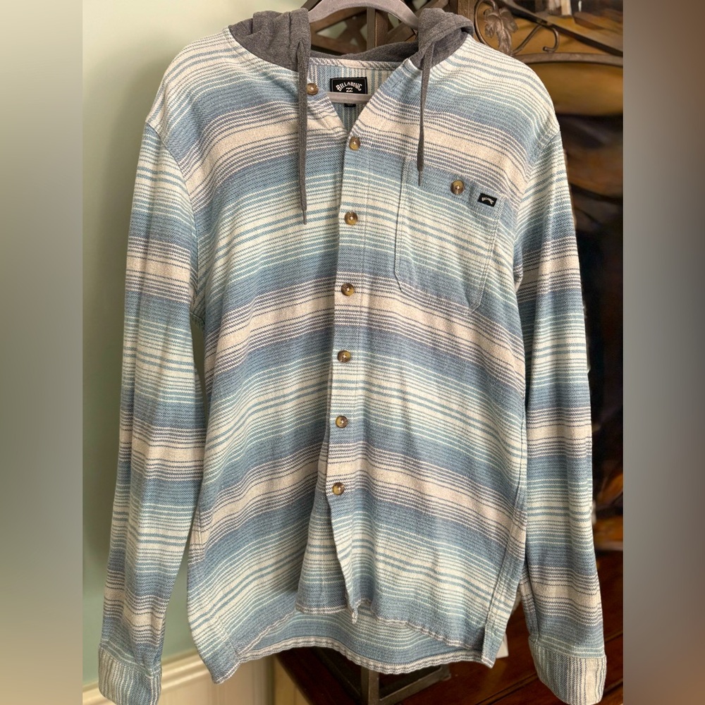 Men’s Billabong Striped Button Up Hoodie Surf Shirt Size Large